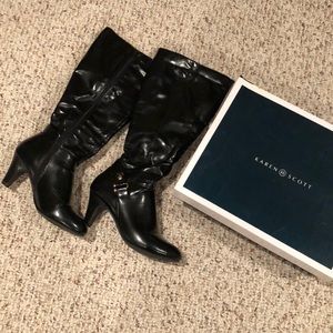 Black wide calf heeled boot